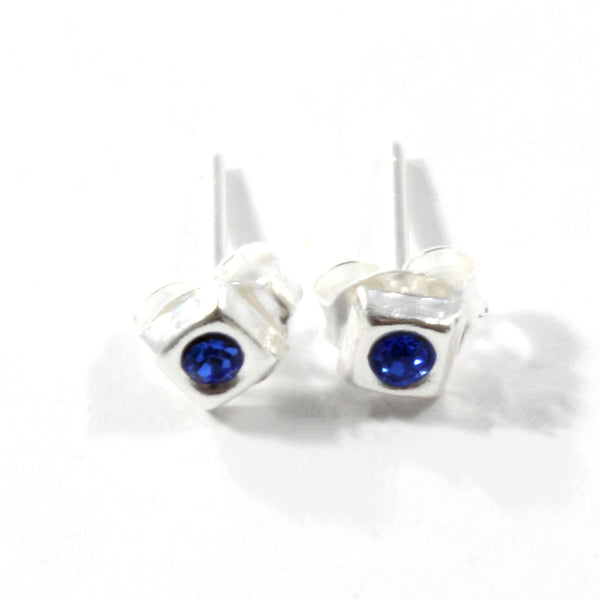 Blue Crystal  Square Stud Earrings with Sterling Silver 925