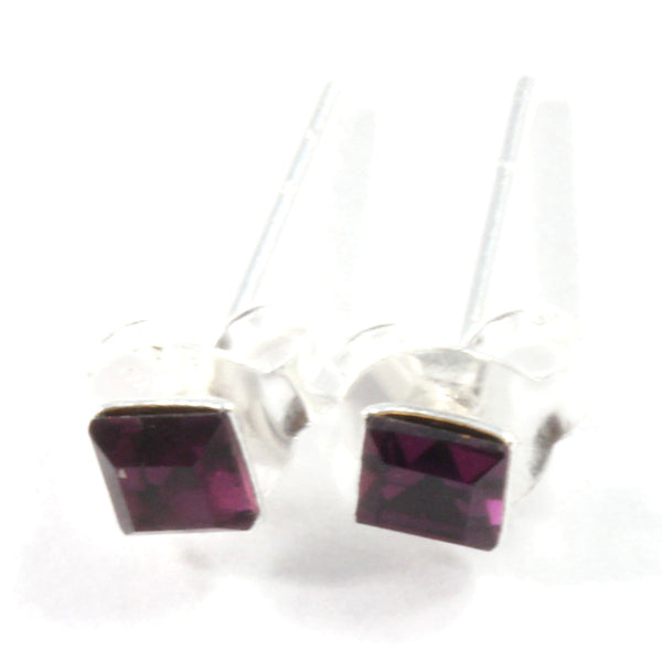 Red Crystal Square Stud Earrings with Sterling Silver 925
