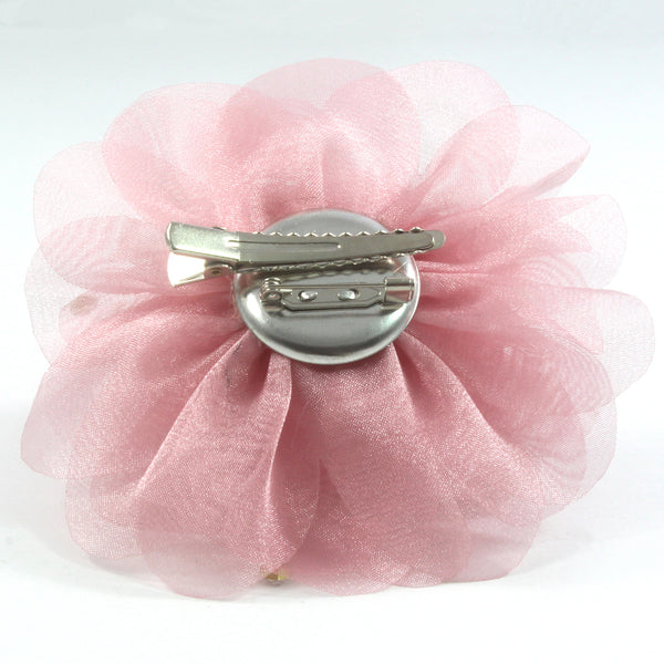 Organza Pink Rose Flower Hair Clip, Brooch Pin, Made In Korea