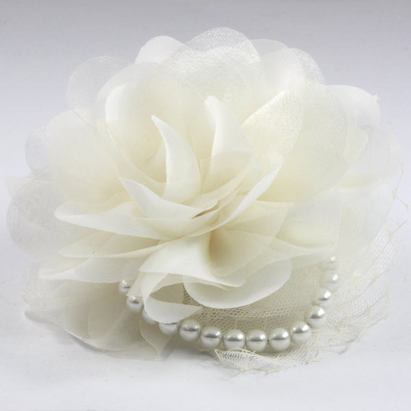 White Organza Rose Flower Hair Clip, Brooch Pin,Made in Korea