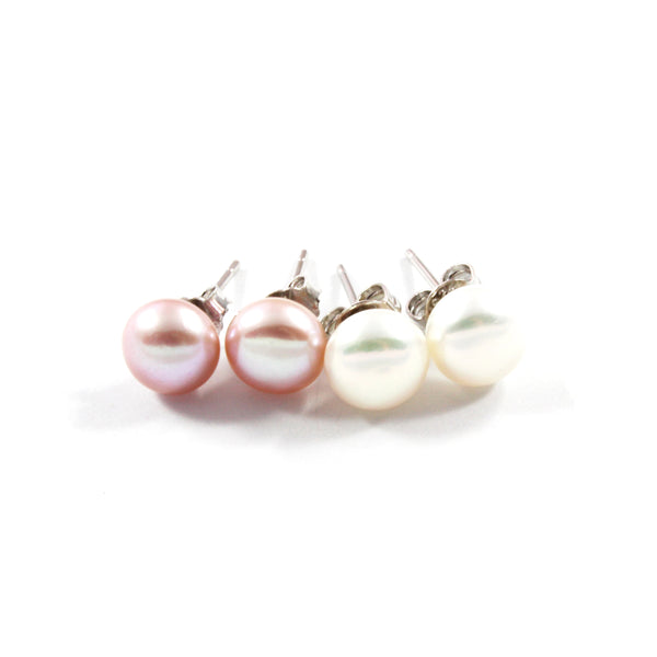 Purple/White Freshwater Cultured Pearl Stud Earrings with Sterling Silver 2 pairs 7.5-8.0mm