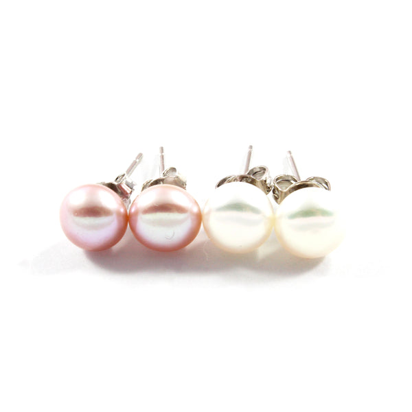 Purple/White Freshwater Cultured Pearl Stud Earrings with Sterling Silver 2 pairs 7.5-8.0mm