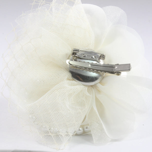 White Organza Rose Flower Hair Clip, Brooch Pin,Made in Korea