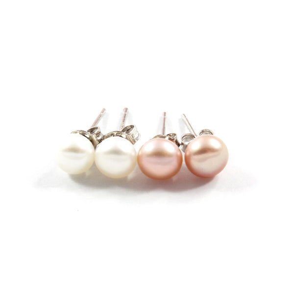 Purple/White Freshwater Cultured Pearl Stud Earrings with Sterling Silver 2 pairs 6.5-7.0mm