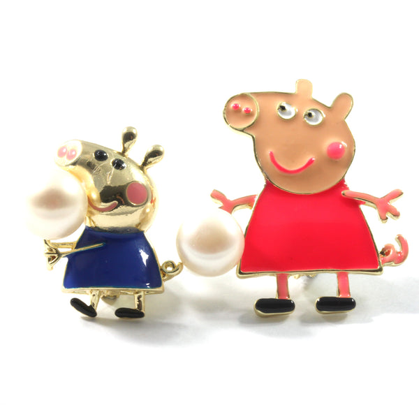 Dark Pink and Blue Couple Peppa Pig Freshwater Cultured Pearl Brooch  10.5-11.0mm