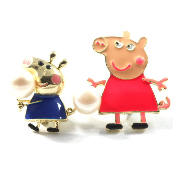 Dark Pink and Blue Couple Peppa Pig Freshwater Cultured Pearl Brooch  10.5-11.0mm