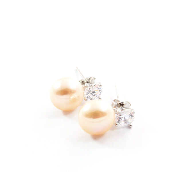 White/Orange Freshwater Cultured Pearl Cubic Zirconia Stud Earrings with Sterling Silver 9.5-10.0mm
