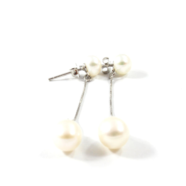 White Double Freshwater Cultured Pearl Drop Earrings with Sterling Silver 6.0-6.5mm and 8.0-8.5mm
