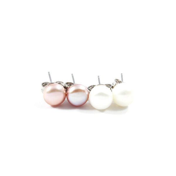 White/Pink/Orange Freshwater Cultured Pearl Stud Earrings with Sterling Silver 2 pairs 5.5-6.0mm