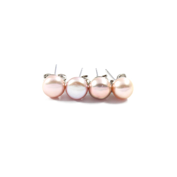 White/Pink/Orange Freshwater Cultured Pearl Stud Earrings with Sterling Silver 2 pairs 5.5-6.0mm