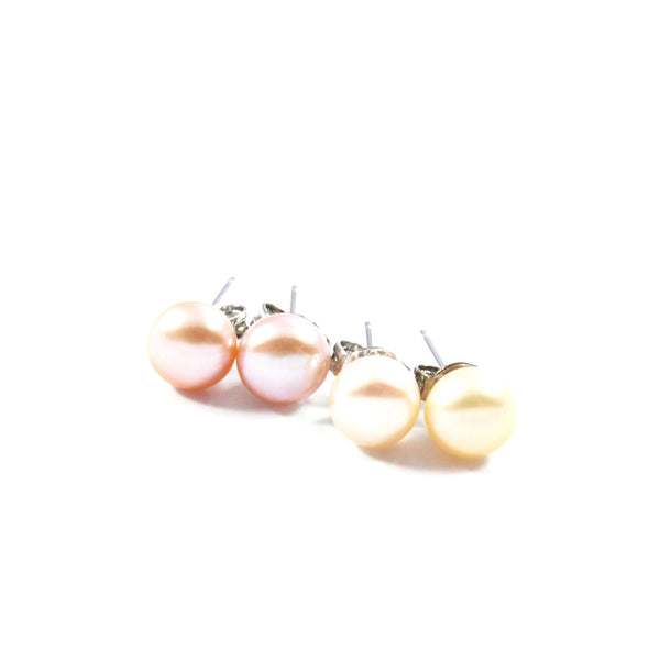 White/Pink/Orange Freshwater Cultured Pearl Stud Earrings with Sterling Silver 2 pairs 6.5-7.0mm