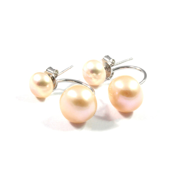 Double White/Orange  Freshwater Cultured Pearl Stud Earrings with Sterling Silver 8.5-9.0mm
