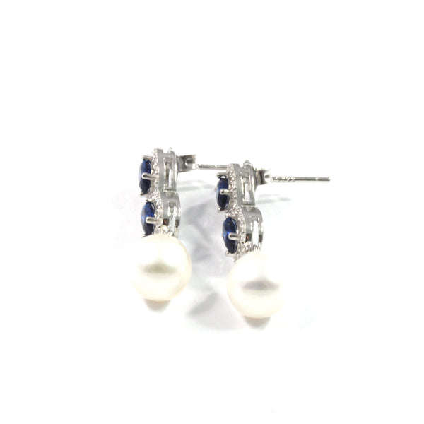 White Freshwater Cultured Pearl Blue Cubic Zirconia Drop Earrings with Sterling Silver 7.5-8.0mm