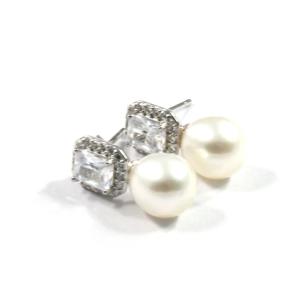 White Freshwater Cultured Pearl White Cubic Zirconia Drop Earrings with Sterling Silver 7.5-8.0mm