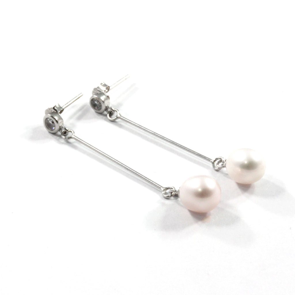 White Freshwater Cultured Pearl Drop Earrings with Sterling Silver 8.5-9.0mm