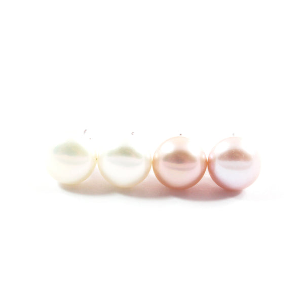 White/Pink/Orange Freshwater Cultured Pearl Stud Earrings with Sterling Silver 2 pairs 8.5-9.0mm
