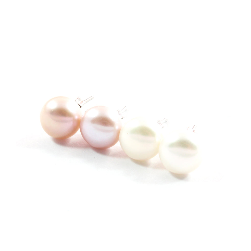 Purple/White Freshwater Cultured Pearl Stud Earrings with Sterling Silver 2 pairs 8.5-9.0mm