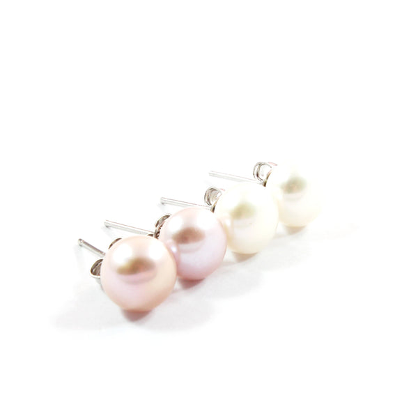 Purple/White Freshwater Cultured Pearl Stud Earrings with Sterling Silver 2 pairs 8.5-9.0mm