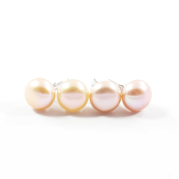 White/Pink/Orange Freshwater Cultured Pearl Stud Earrings with Sterling Silver 2 pairs 8.5-9.0mm