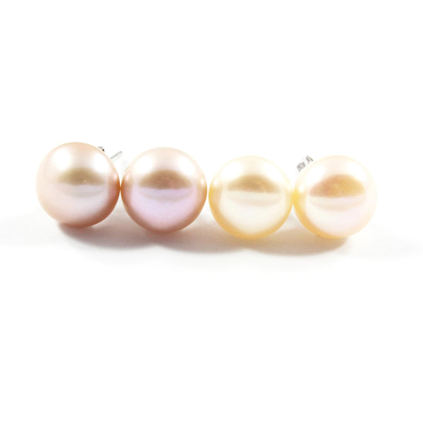White/Pink/Orange Freshwater Cultured Pearl Stud Earrings with Sterling Silver 2 pairs 9.5-10.0mm